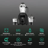 Havells Hexo Plus1100 Watt 3 Jar Mixer Grinder I 2.5 Kg Double Ball Bearing Copper Motor I 22000 RPM I 100 Minute Run Time I Metal Teeth Coupler and Jar Base I Black