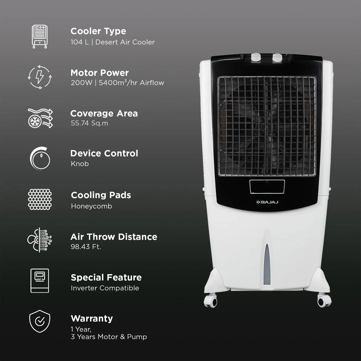 Bajaj Shield Series Mighty 104 L Desert Air Cooler White – High Airflow Turbo Cooling