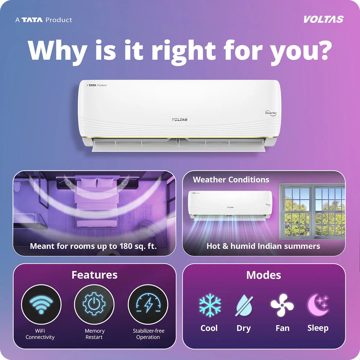 Voltas 1.5 Ton Split AC 3 Star Inverter (183INV Vertis AI Zest Gold)