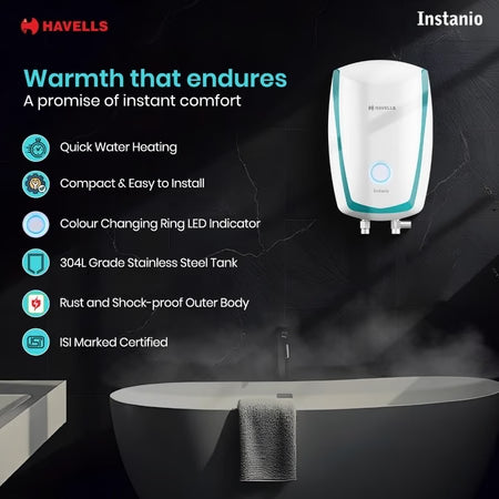 Havells Instanio Prime 3L Instant Water Heater | Titanium Enamel Tank, 3-Level Safety, White/Blue
