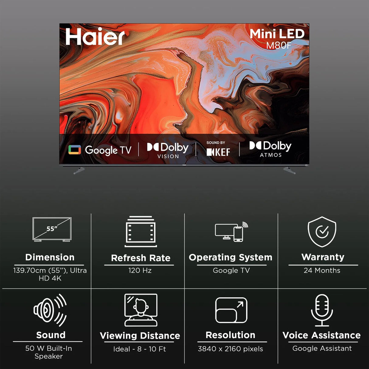 Haier H55M80FUX 55” 4K Ultra HD Mini LED Google TV – Voice Control, Smart Features (2025 Model)