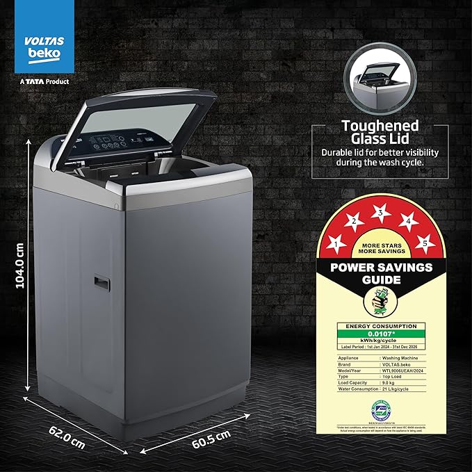 Voltas Beko 9 Kg 5 Star Fully Automatic Top Load Washing Machine | Inbuilt Heater | Anti-Bacterial Wash Technology | Dark Grey | WTL9006UEAH