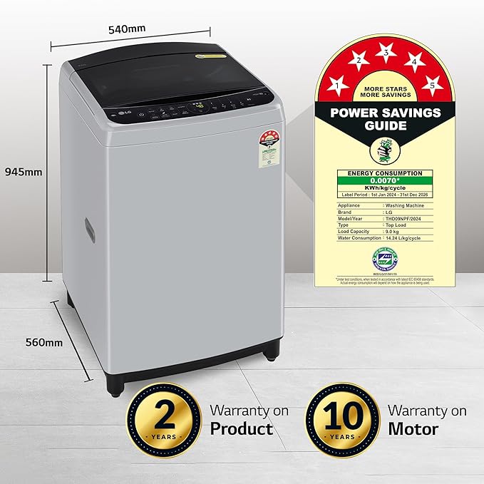 LG 9 Kg 5 Star Inverter Fully-Automatic Top Load Washing Machine (THD09NPF, Middle Free Silver, AIDD Technology)