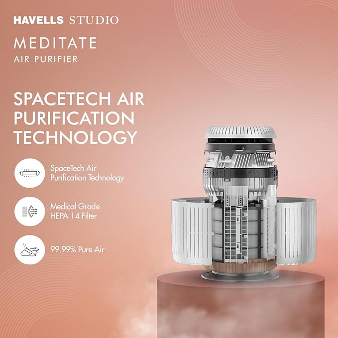 Havells Studio Meditate AP 250 Air purifier with SpaceTech Air Purification Technology | Remote Control with TiO2 module & Integrated H14 HEPA filter (Silver Satin)