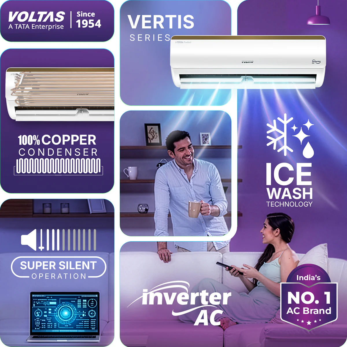 Voltas Vertis Elite Gold 1 Ton 3 Star Inverter Split Air Conditioner (Model: 123INV) | 6-Step Adjustable Mode | Turbo Cooling | Ice Wash Technology | High Ambient Cooling | Copper Condenser | 2026 Model