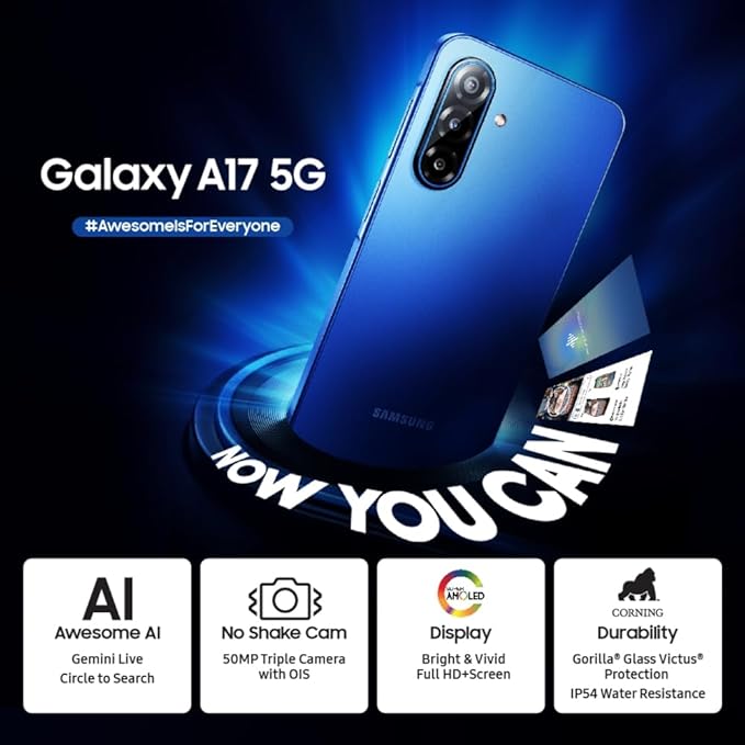 Samsung Galaxy A17 5G Smartphone (Blue, 6GB RAM, 128GB Storage) | 50MP No-Shake Camera | AI Features with Gemini Live & Circle to Search | Super AMOLED Display | Corning Gorilla Glass Victus | 7.5mm Slim Design