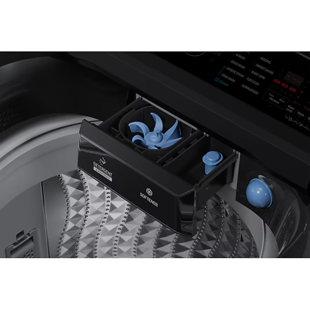 Samsung 12 kg 5 Star AI Wash Top Load Washing Machine with Heater, Eco Bubble, BubbleStorm, Dual Storm Pulsator, Soft Close Lid, Black Caviar (WA80F12B6B, 2025 Model)
