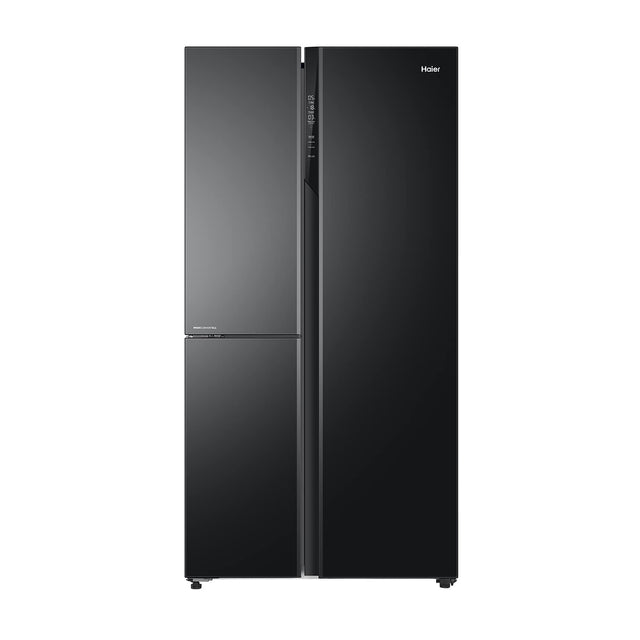 Haier 628L Triple Door Fridge - Elegant black, inverter technology for optimal cooling.