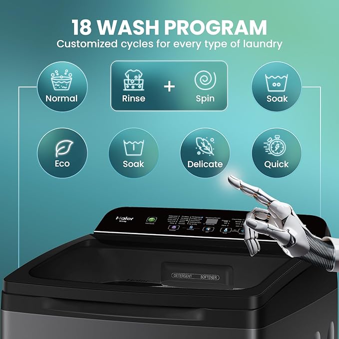 Haier SmartChoice 10.5 Kg 5-Star Fully Automatic Top Load Washing Machine | Oceanus Wave Drum, Inbuilt Butterfly Heater, Smart Features (HWM105-H688BK, Black)