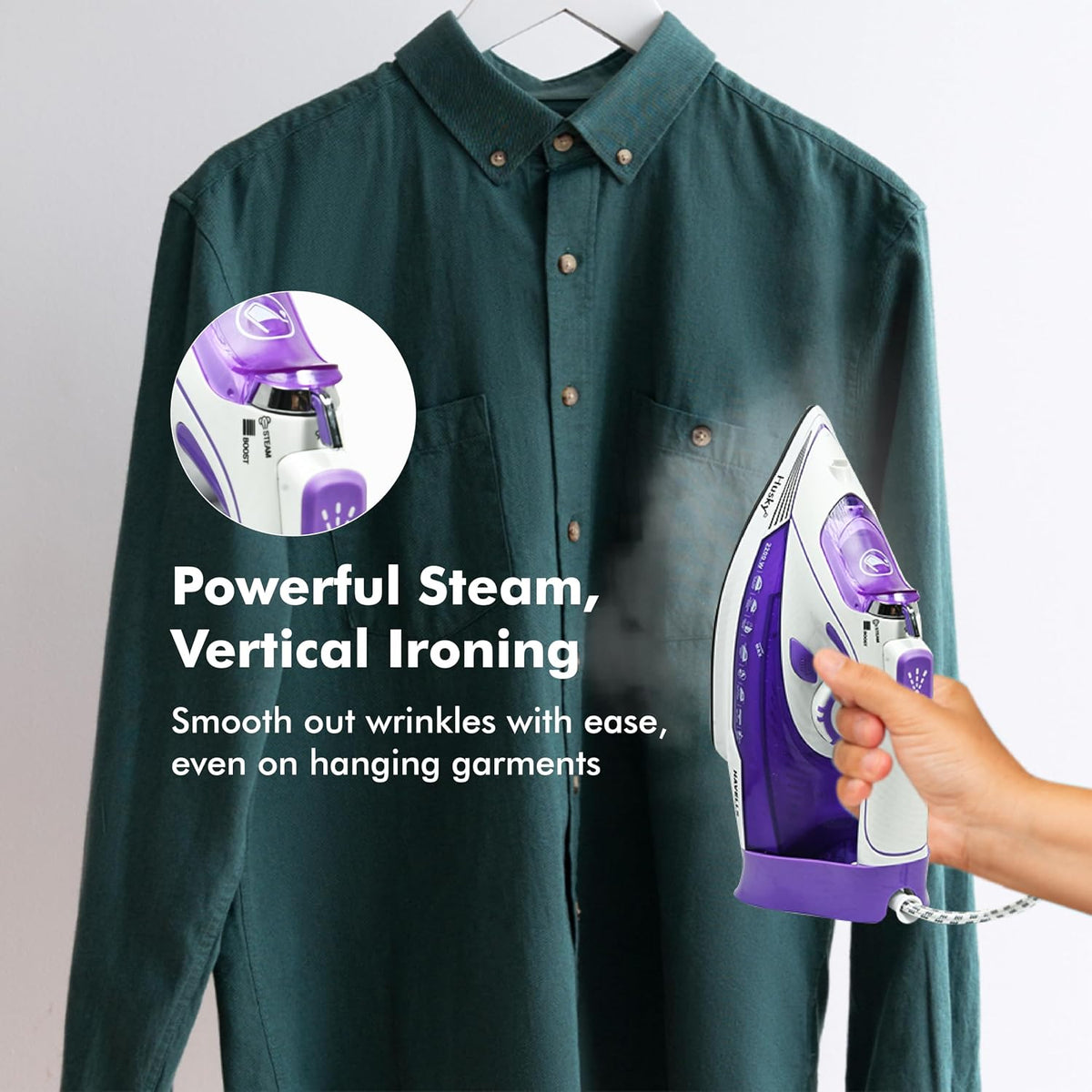 Havells Husky 2200W Steam Iron: 40g/min Steam Burst, Ceramic Soleplate, Anti-Scale (Purple)