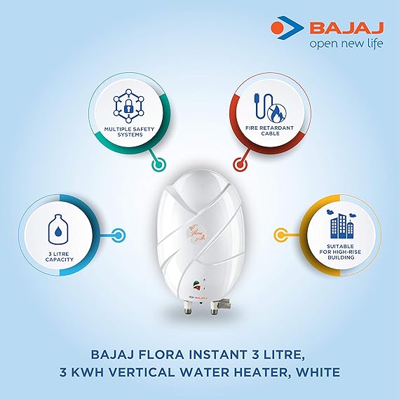 Experience the best with Bajaj Flora 3L Instant Water Heater: Quick and Reliable Heating.