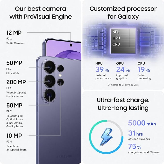 Samsung Galaxy S26 Ultra 5G (Cobalt Violet, 12GB RAM, 256GB Storage) | 200MP Camera & Snapdragon 8 Elite Gen 5