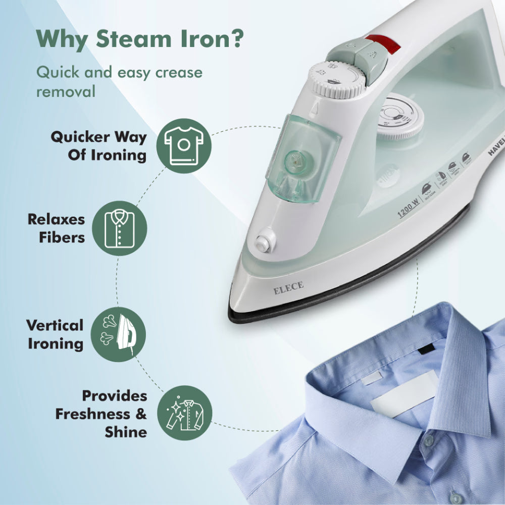 Havells Elece 1200W Steam Iron: 170ml Tank, Self-Clean, Vertical Steaming (Pista Green)
