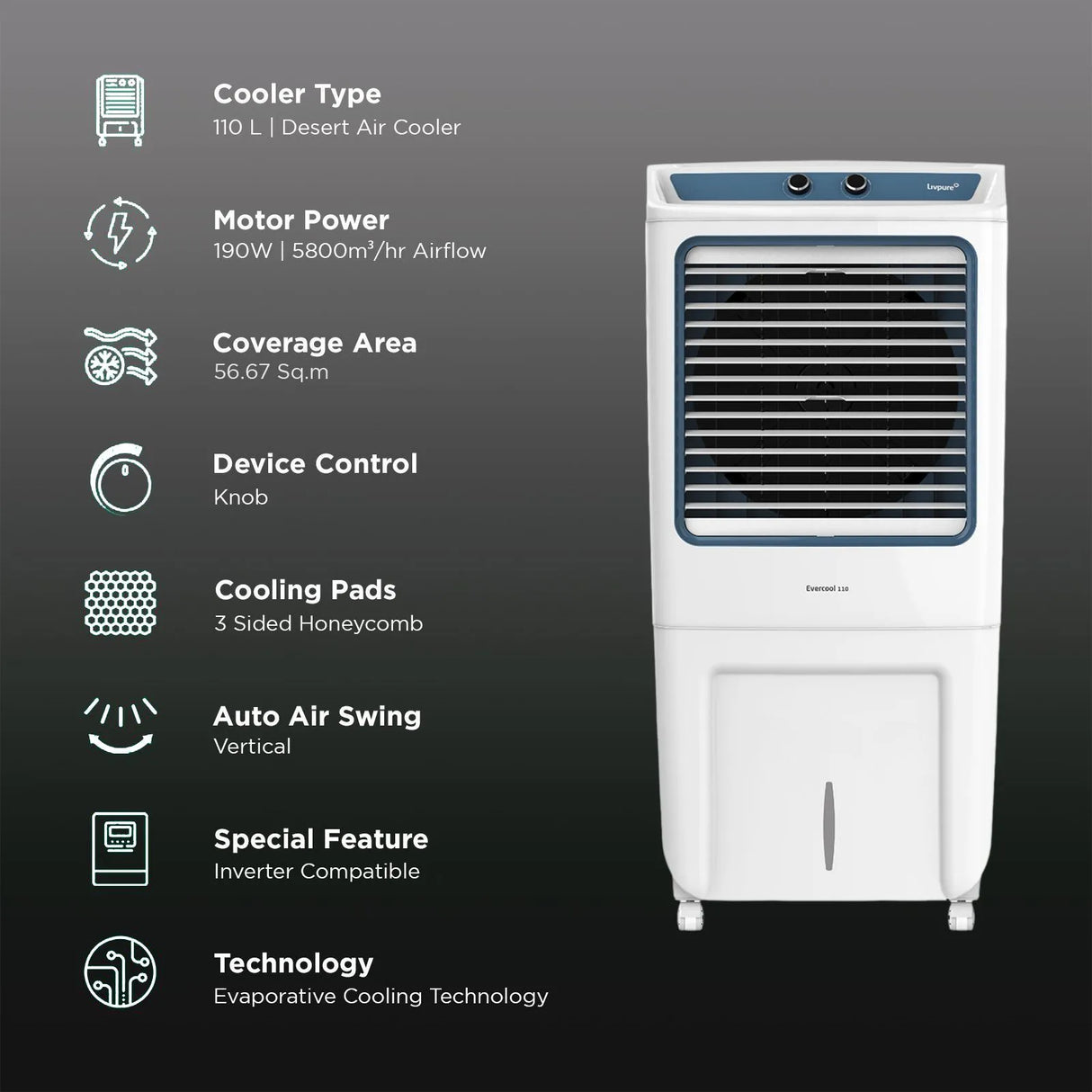 Livpure Evercool 110L Desert Air Cooler – Inverter Compatible, Thermal Overload Protection, High Air Delivery, White & Blue