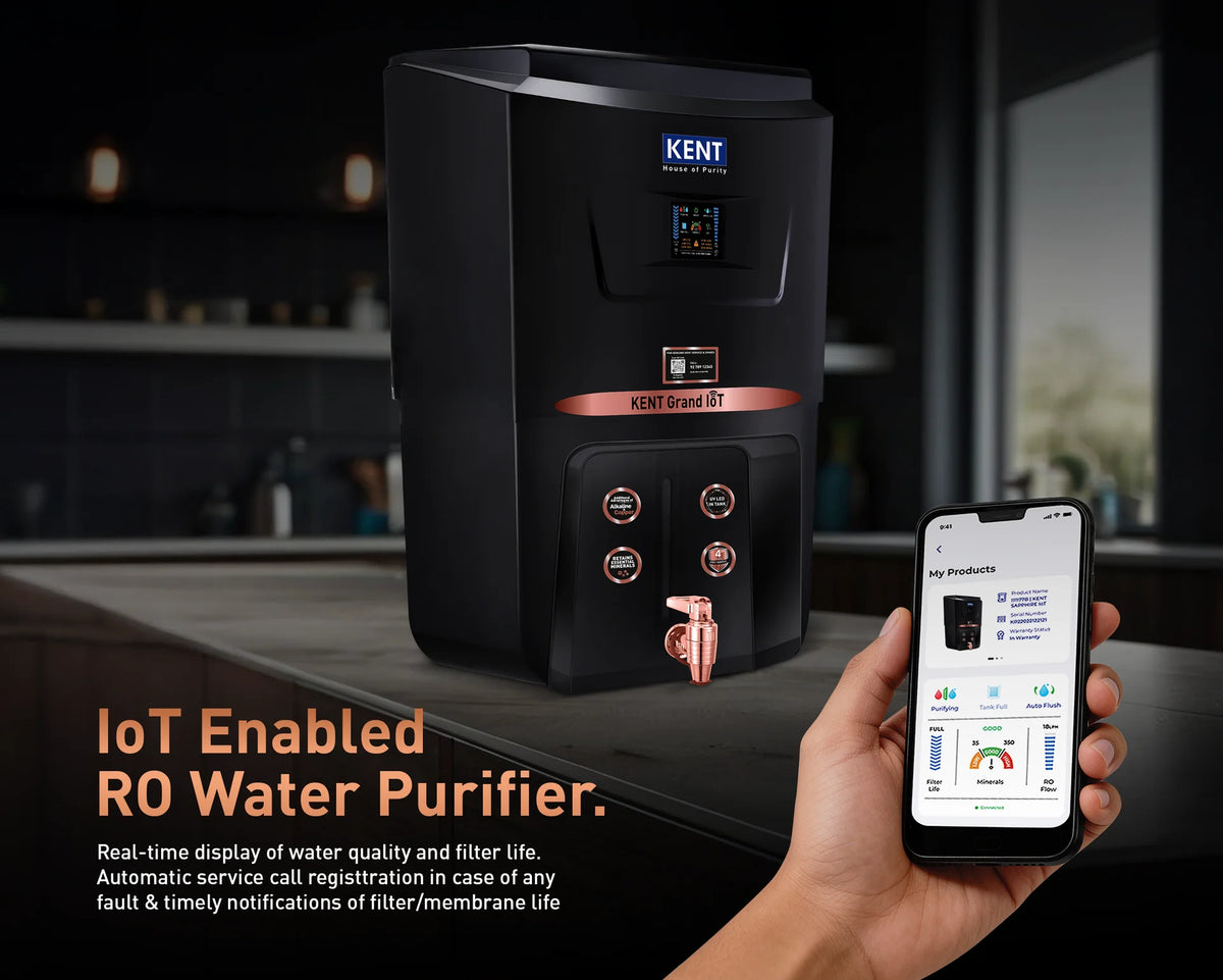 KENT Grand iOT Alkaline + Copper Water Purifier | RO+UV+UF, IoT Enabled, 8L Tank, Black