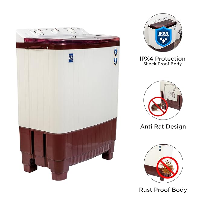 Midea 7.5 KG Semi Automatic Top Loading Washing Machine, Rust Proof Body, with Air Dry Function 1300 RPM (MWMSA075PPG, Maroon White)