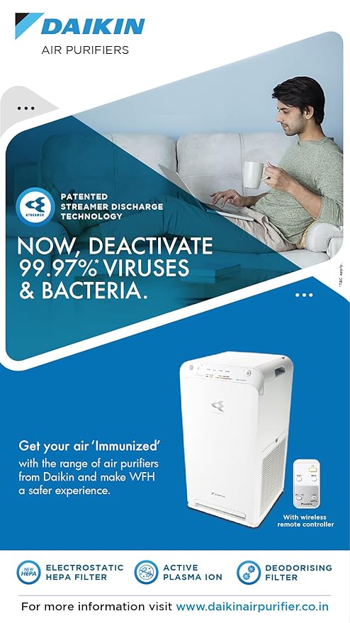 Daikin MC55XVM6 Air Purifier, Lifetime Supply of HEPA Filter, Lifetime Odour Filter, Dual Technology Flash Streamer & Active Plasma, 440 Sq. Feet coverage, Healthy air all year.