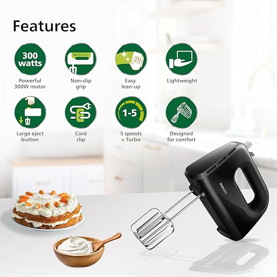 Philips HR3720/10 300 Watt Lightweight Hand Mixer, Blender with 5 speed control settings, stainless steel accessories and 2 years warranty with 2 Attachments (Non-slip Grip)