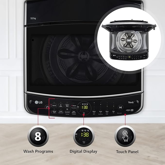 Experience efficiency with the LG 9kg Inverter Wi-Fi Top Load Washer in Middle Black.