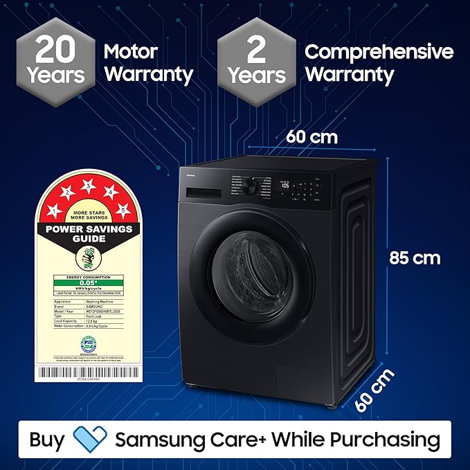 Samsung 12 kg (Wash) / 7 kg (Dry), 5 Star, AI EcoBubble, AI Energy Mode, Air Wash, Super Speed, Hygiene Steam, Wi-Fi, Digital Inverter, Fully-Automatic Front Load Washer Dryer (WD12FG5B34BBTL, Black)