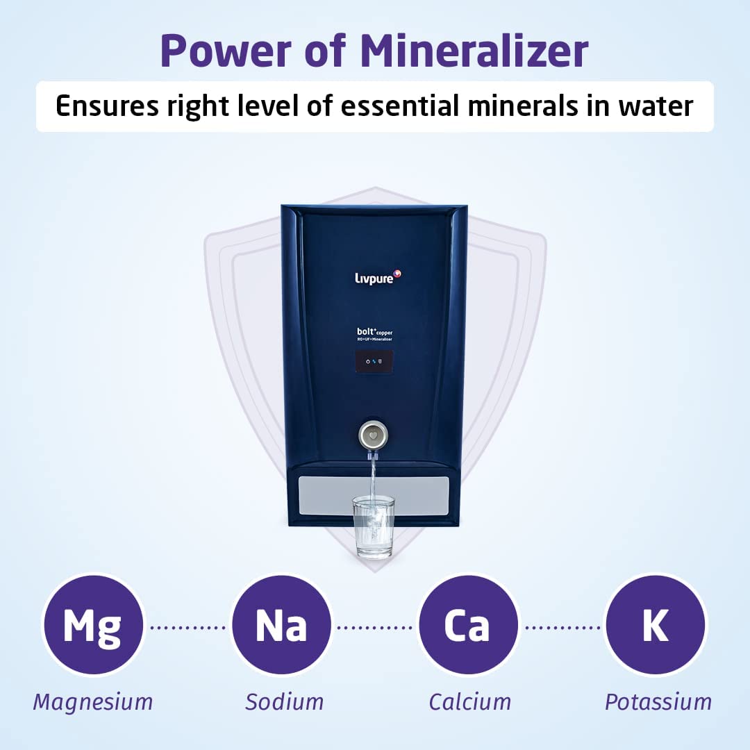 Livpure Bolt+Copper+RO+UF+Mineraliser, 80% Water Savings, 7 L tank, Water Purifier for home (Blue) Suitable for Municipal, Tanker, Borewell water