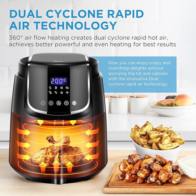 Midea 5L Air Fryer | 1500W Power | Digital display with 8 preset menu settings | Crisp Frying, Grill, Roast, Steam & Bake | Auto Cut-Off | 90% Less Oil | Non Stick Coating & Crisper Basket