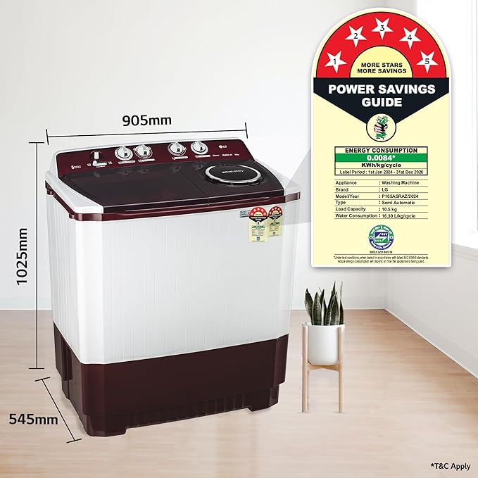 LG 10.5 kg 5 Star Wind jet dry Semi-Automatic Top Load Washing Machine (P105ASRAZ, Burgundy, Roller Jet Pulsator)