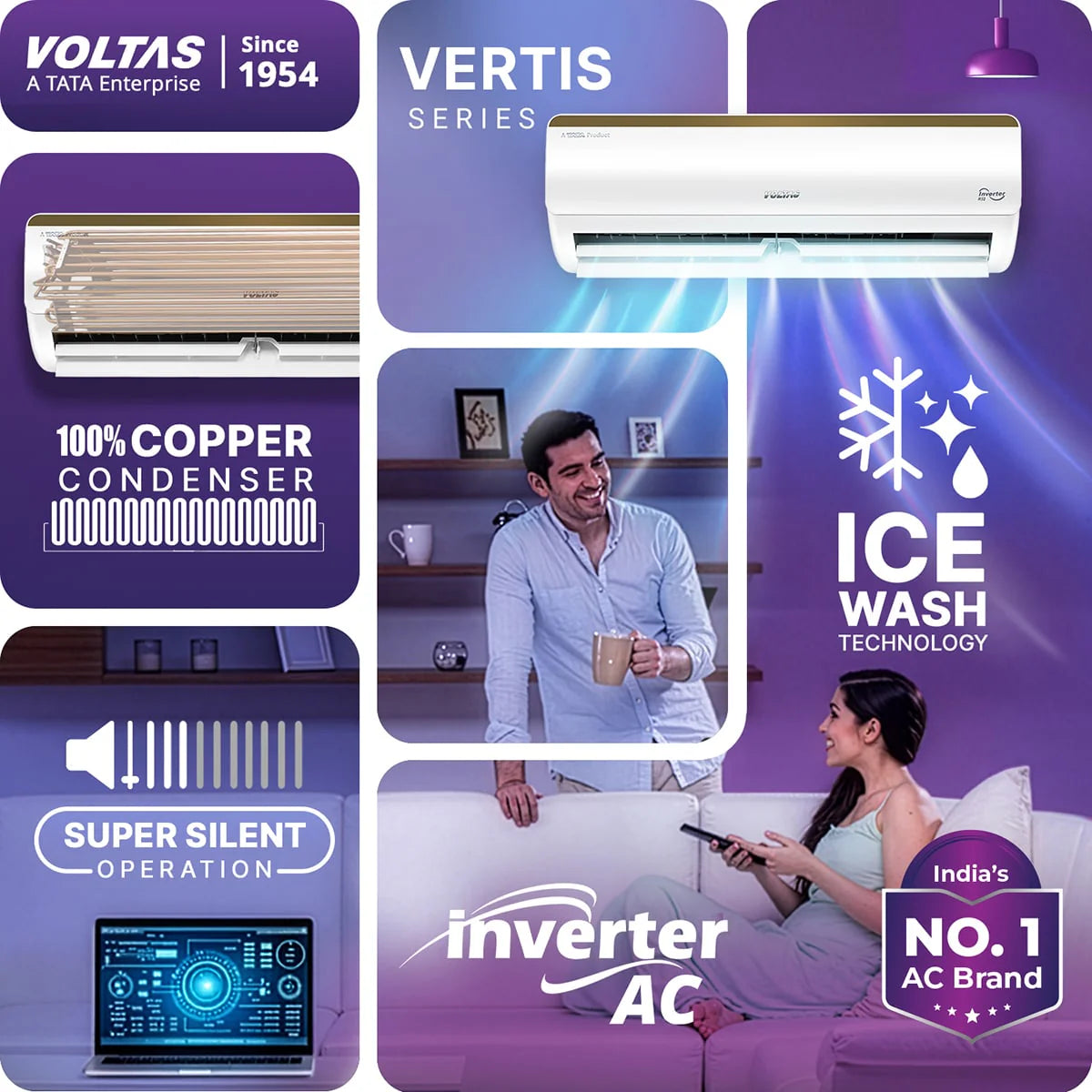 Voltas Vertis Elite Gold 1.5 Ton 5 Star Inverter Split Air Conditioner (Model: 185INV) | Energy Efficient Cooling | Turbo Mode | High Ambient Performance | Copper Condenser | Smart Inverter Technology | 2026 Model