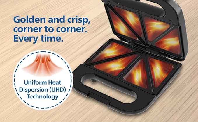 Philips HD1000/00 XL Sandwich Maker | 800W | Non-Stick Coated Plates | UHD Technology | Easy Locking | Black with Metallic Finish
