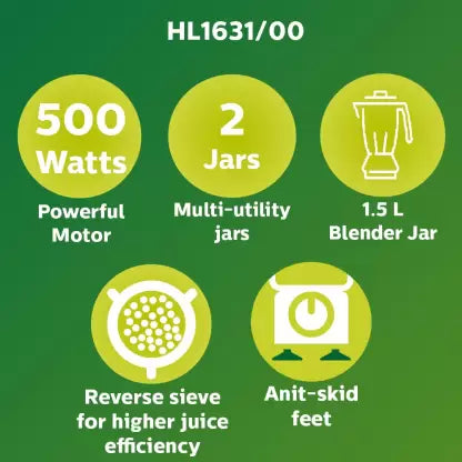 Create fresh delights with Philips HL1631 500W Juicer Mixer Grinder, the best in juicing and grinding.
