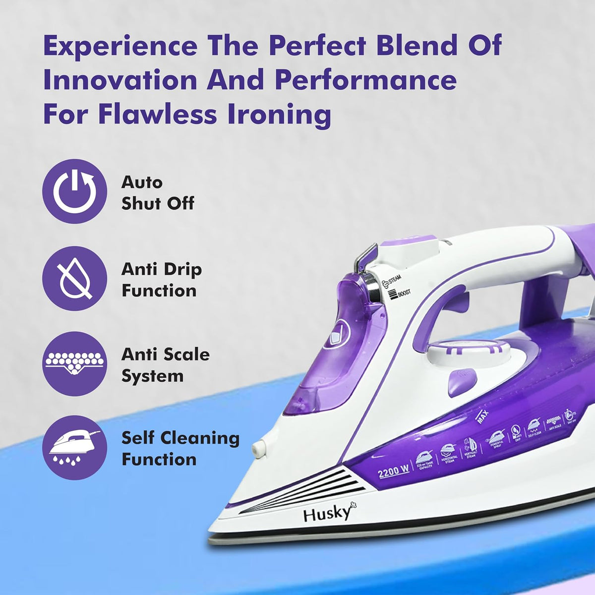 Havells Husky 2200W Steam Iron: 40g/min Steam Burst, Ceramic Soleplate, Anti-Scale (Purple)