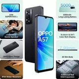 Short: OPPO A57 - Glowing Black, 4GB RAM, 64GB storage, sleek and powerful.