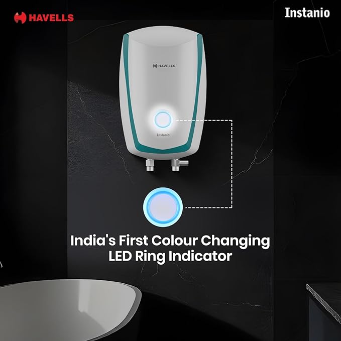 Havells Instanio 3L Instant Water Heater(Geyser)| Temp. Sensing LED Indicator| Rust & Shock Proof Body| ISI Marked|Warranty: 5 year on Inner Tank| High Rise Compatible (White Blue)