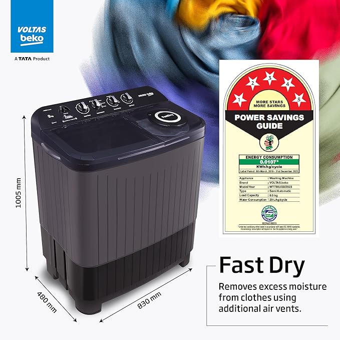 Voltas Beko 9 Kg 5-Star Semi-Automatic Twin Tub Top Load Washing Machine | Special Pulsator Wash (WTT90UDX, Black)