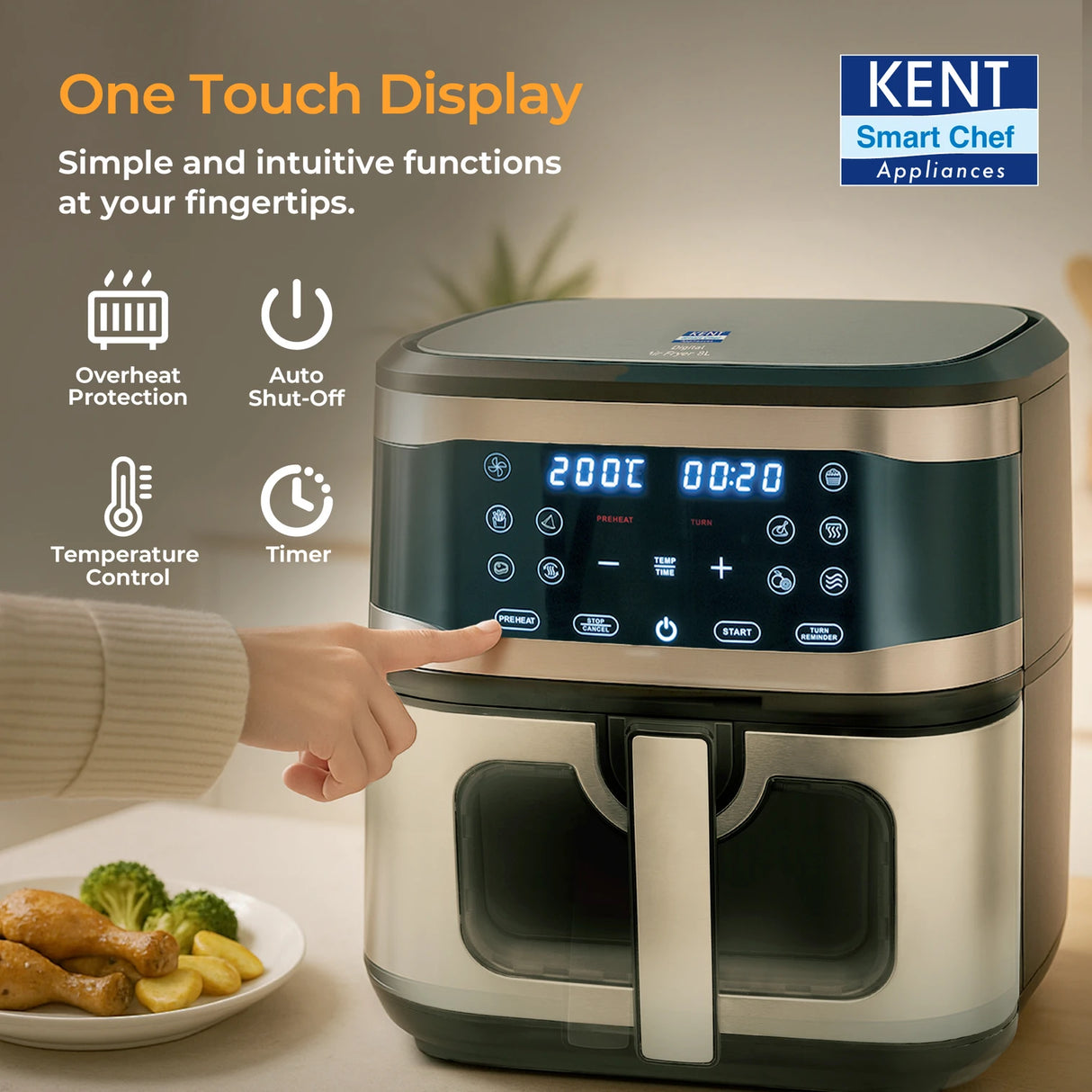 KENT 8 L Digital Air Fryer – Oil-Free Frying with Smart Temperature Control