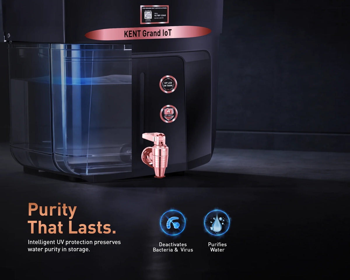KENT Grand iOT Alkaline + Copper Water Purifier | RO+UV+UF, IoT Enabled, 8L Tank, Black