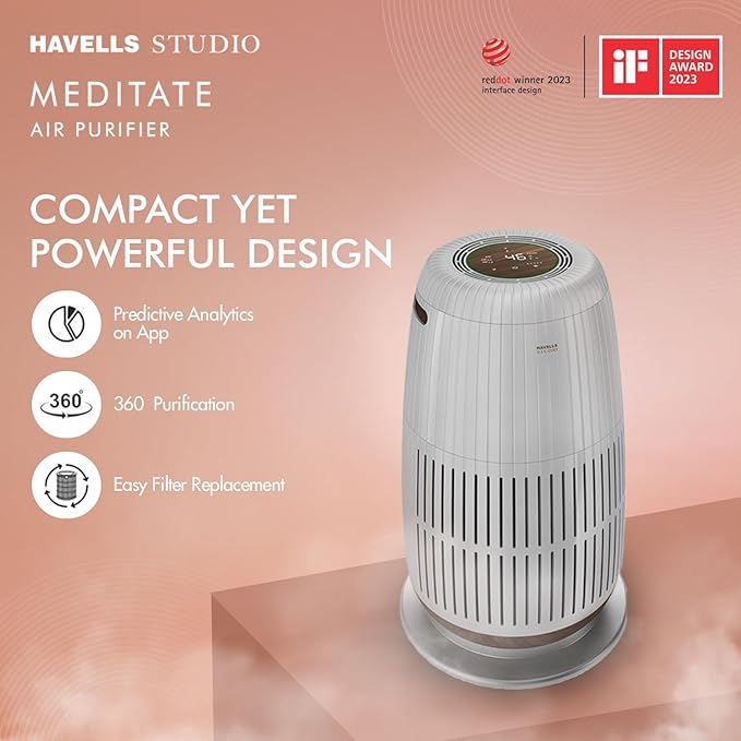 Havells Studio Meditate AP 250 Air purifier with SpaceTech Air Purification Technology | Remote Control with TiO2 module & Integrated H14 HEPA filter (Silver Satin)