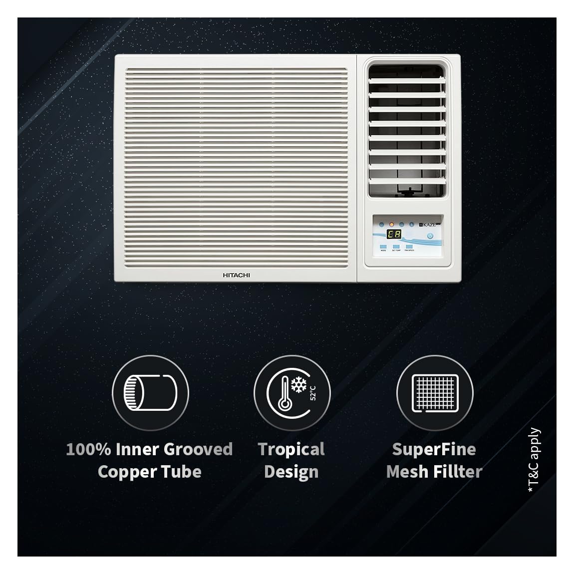 Hitachi 1.5 Ton 3 Star Window AC (100% Copper, Dust Filter, Kaze Plus, R32 - RAW318HHEO, White)