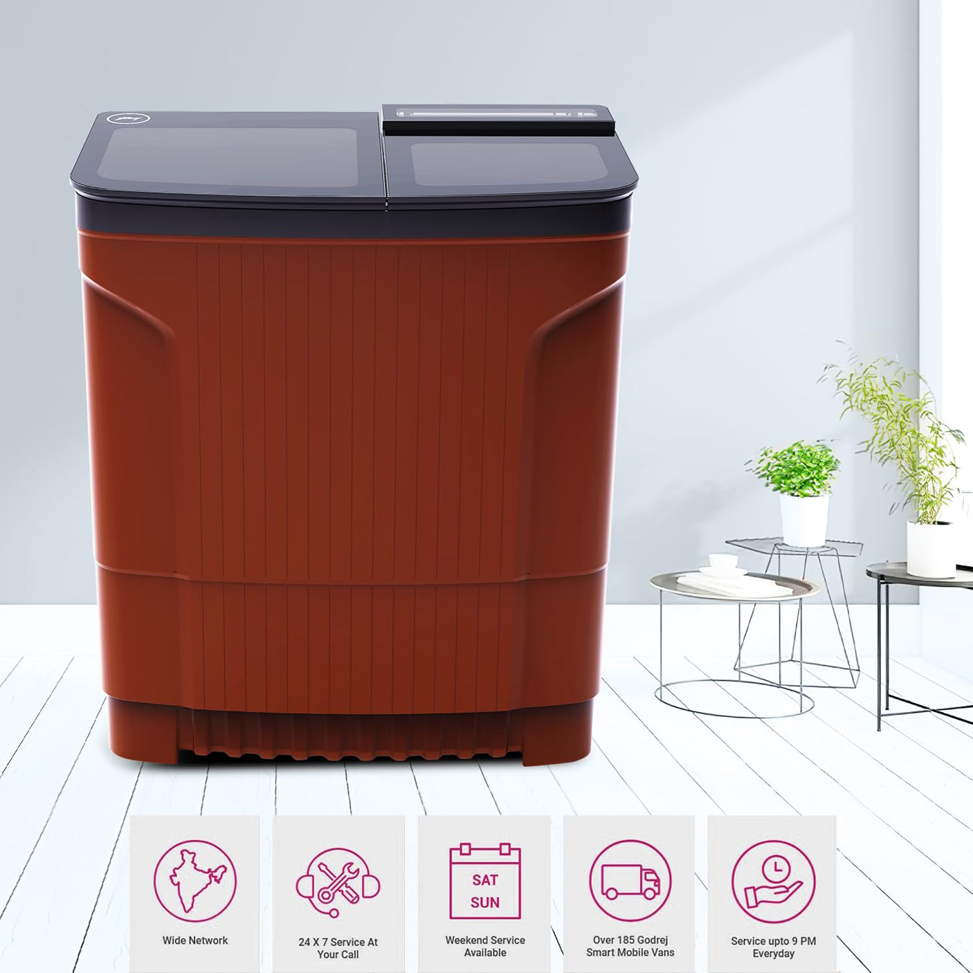 Godrej 8 Kg 5 Star (WSEDGE ULT 80 5.0 DB2M CSRD, Crystal Red, With Toughened Glass Lid)