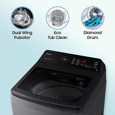 Elevate your laundry experience with Samsung 10 Kg Top Load Washer: A high-tech washing machine.