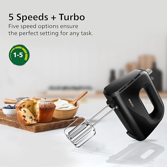 Philips HR3720/10 300 Watt Lightweight Hand Mixer, Blender with 5 speed control settings, stainless steel accessories and 2 years warranty with 2 Attachments (Non-slip Grip)