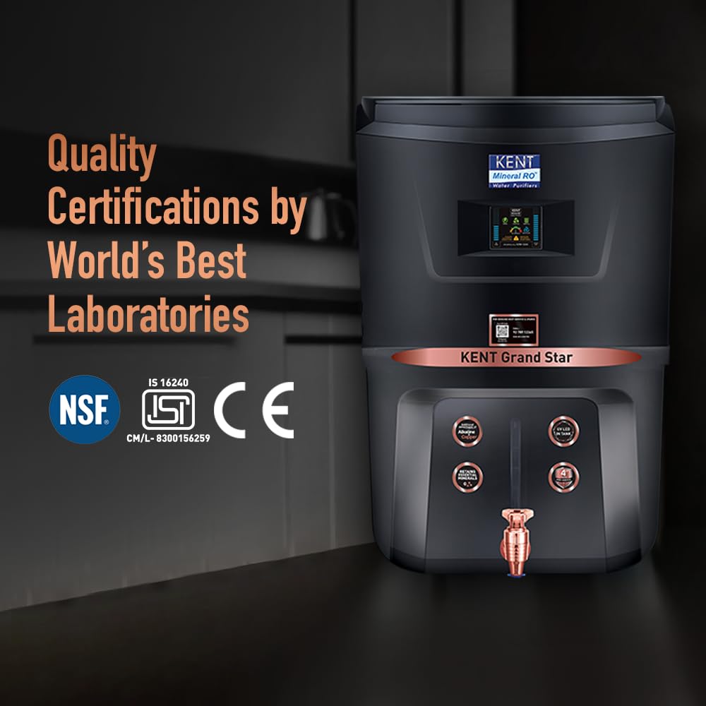 KENT Grand Star RO Water Purifier (Black) | RO+UV+UF+TDS Control+Alkaline+Copper | 9L Tank | 20 LPH | UV in Tank | Auto Flush | For All Water Sources