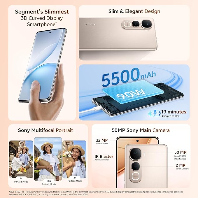 Vivo Y400 Pro 5G (Fest Gold, 8GB RAM, 256GB Storage) Smartphone | 5G Mobile Phone | AI Camera, AMOLED Display, Fast Charging, Large Battery, High-Performance Processor