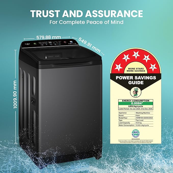 Haier SmartChoice 10.5 Kg 5-Star Fully Automatic Top Load Washing Machine | Oceanus Wave Drum, Inbuilt Butterfly Heater, Smart Features (HWM105-H688BK, Black)