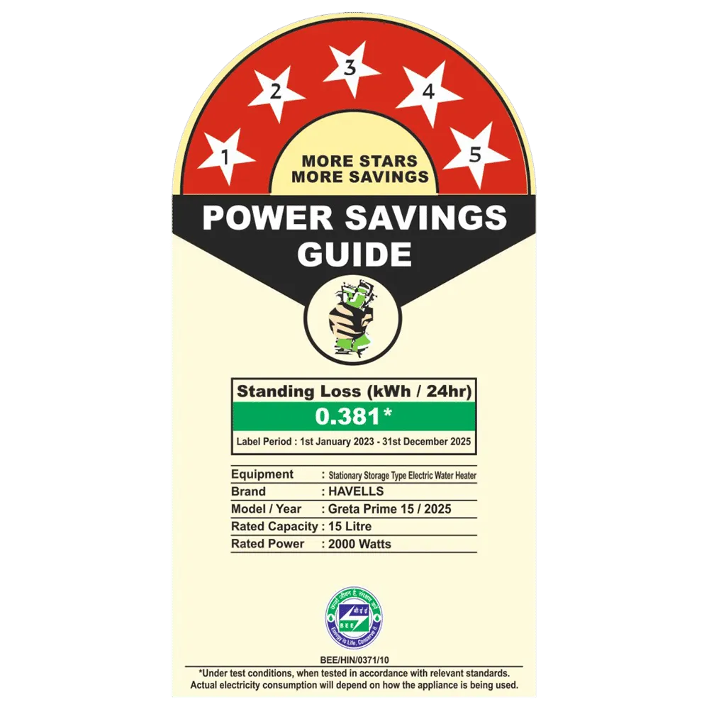 HAVELLS Greta Prime 15 Litre 5 Star Vertical Storage Geyser with Whirlflow Technology (White & Blue)