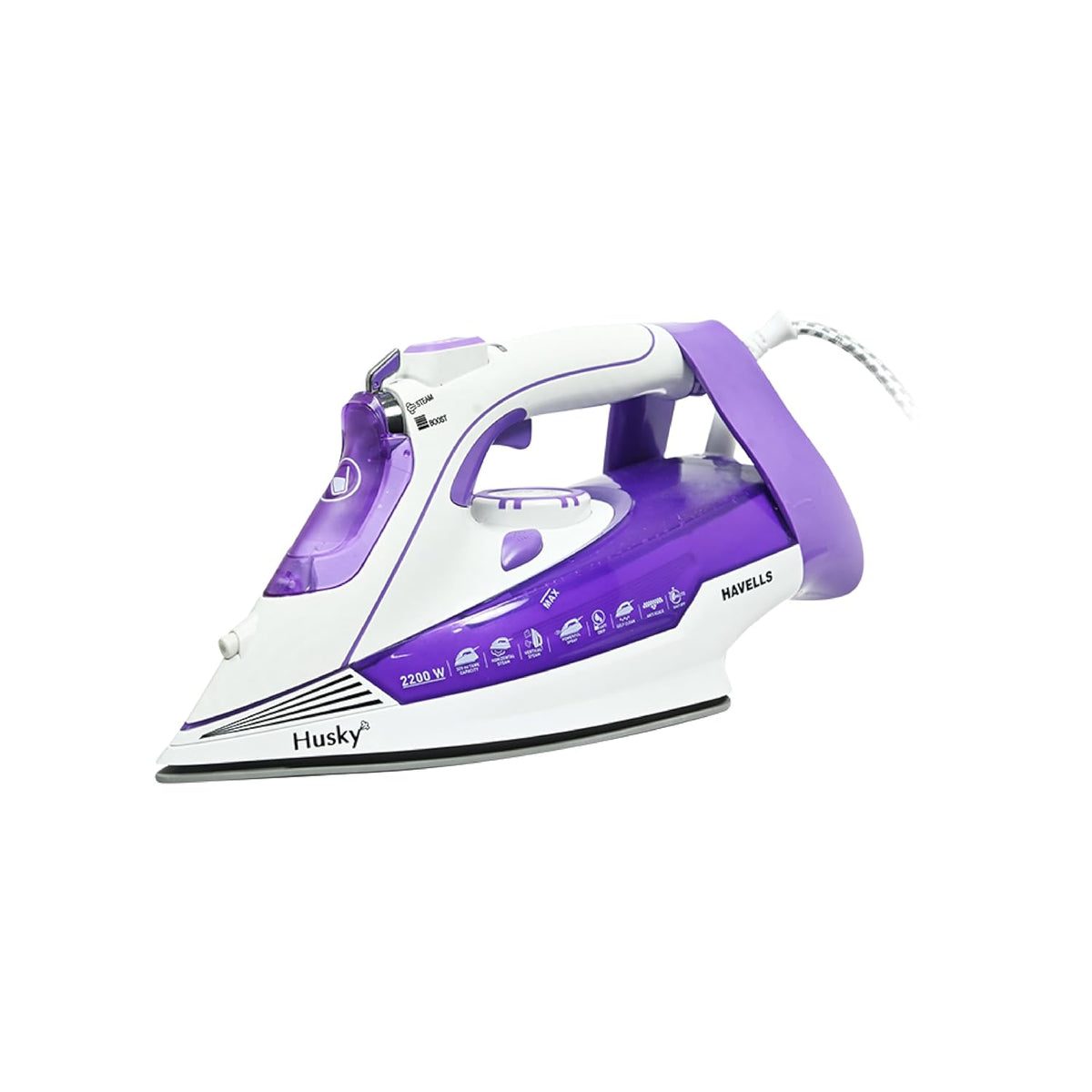 Havells Husky 2200W Steam Iron: 40g/min Steam Burst, Ceramic Soleplate, Anti-Scale (Purple)