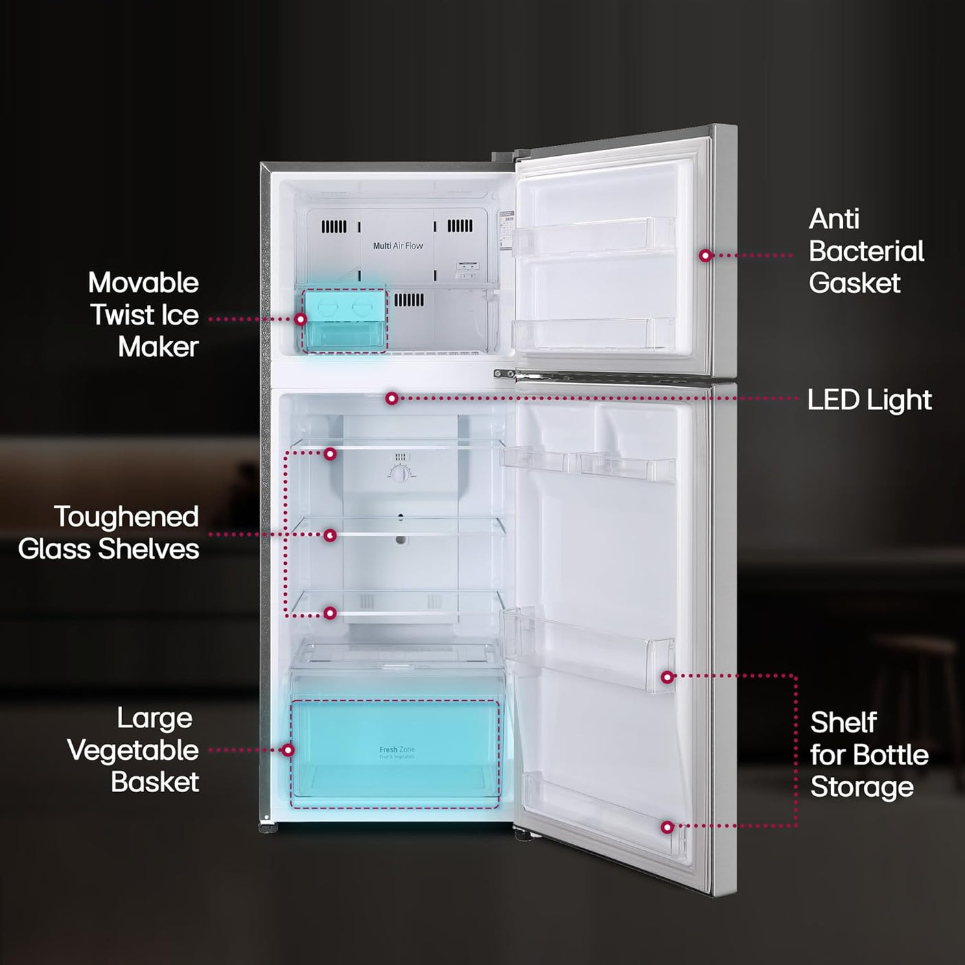 LG 242 L, 2 Star, Smart Inverter Compressor, Multi Air Flow, Frost-Free Double Door Refrigerator (GL-N292DPZY, Shiny Steel