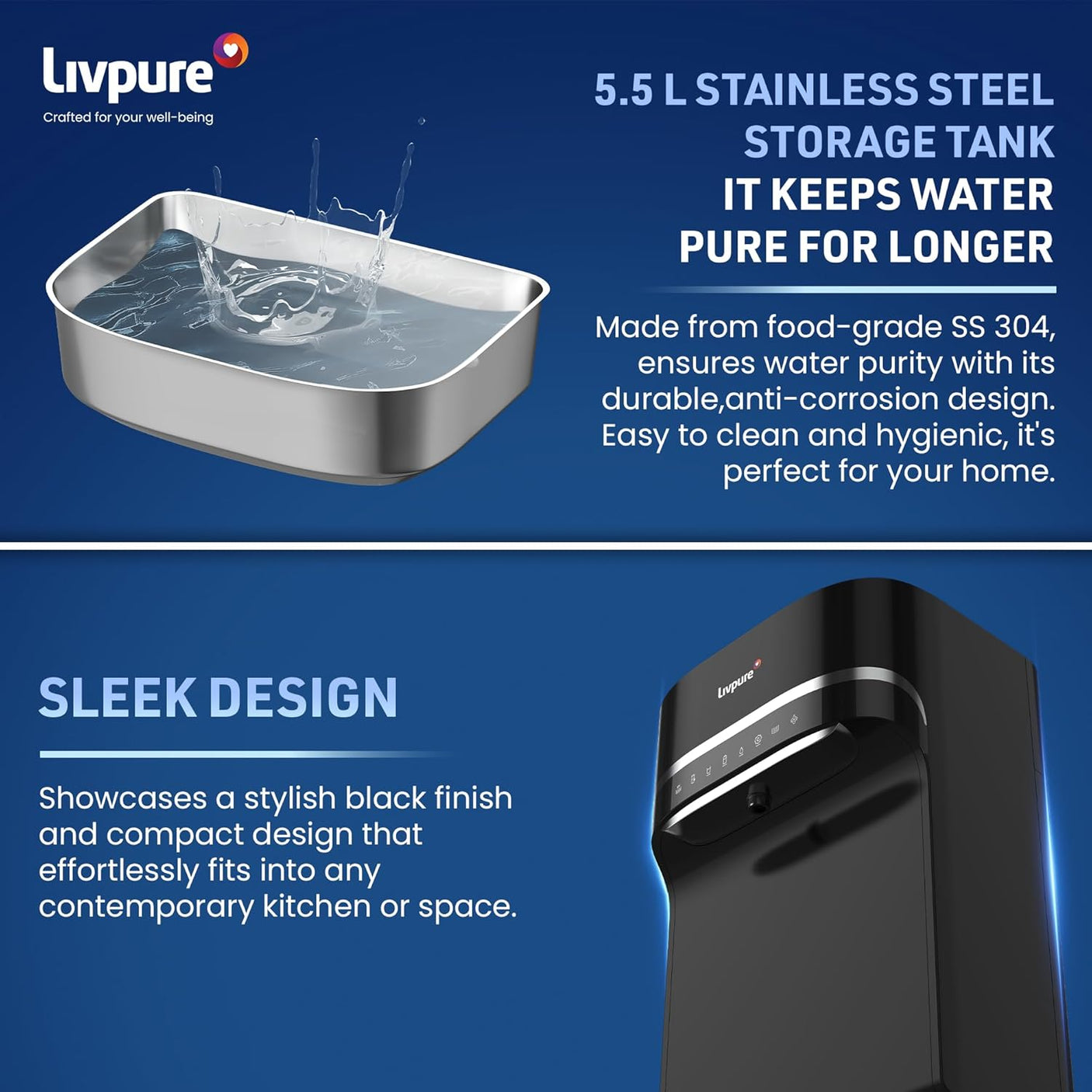 Lipvure Sereno-SS 8-Stage RO + UV + UF + Minerals + Copper, 5.5 L Stainless Steel Tank Water Purifier