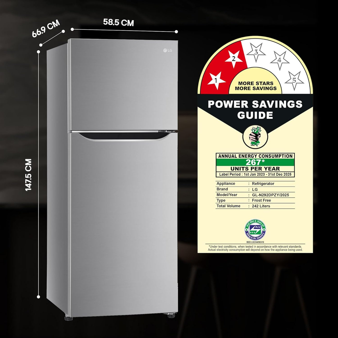 LG 242 L, 2 Star, Smart Inverter Compressor, Multi Air Flow, Frost-Free Double Door Refrigerator (GL-N292DPZY, Shiny Steel
