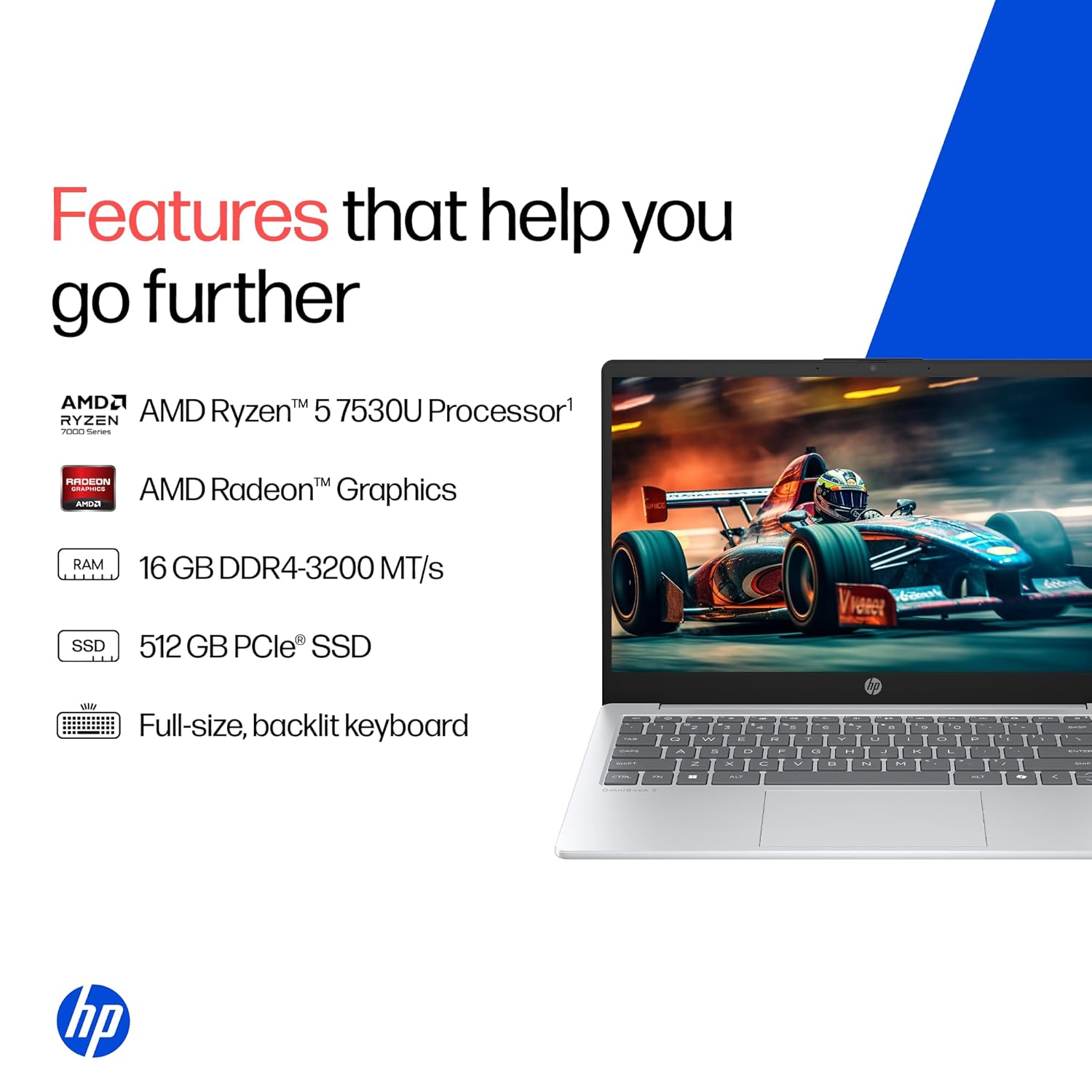 HP 14, AMD Ryzen 5 7530U (16GB DDR4, 512GB SSD) FHD, Anti-Glare